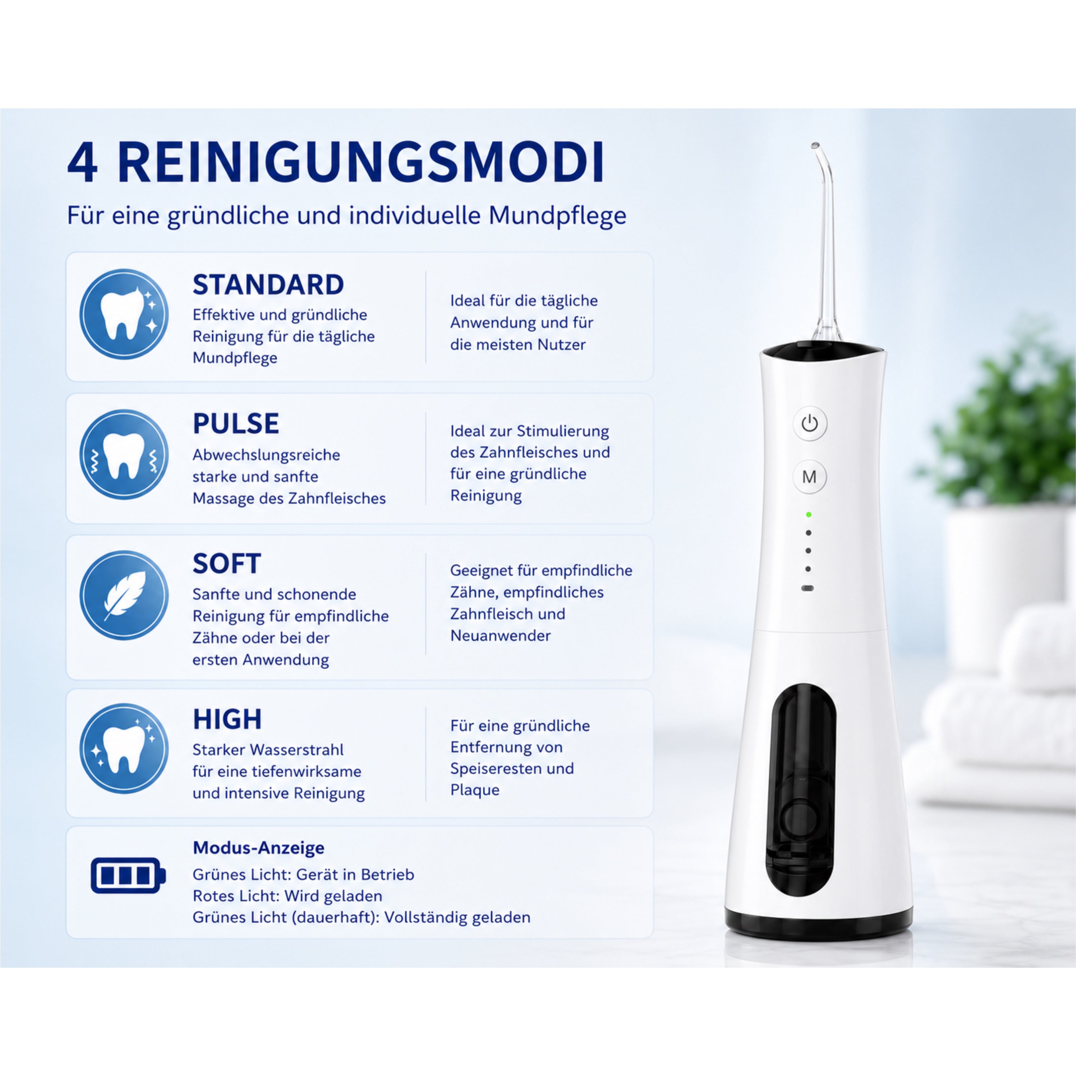 Munddusche AquaPulse Pro Kabelloser Premium Water Flosser mit 4 Modi & 5 Düsen - Lalano’S Cosmetics