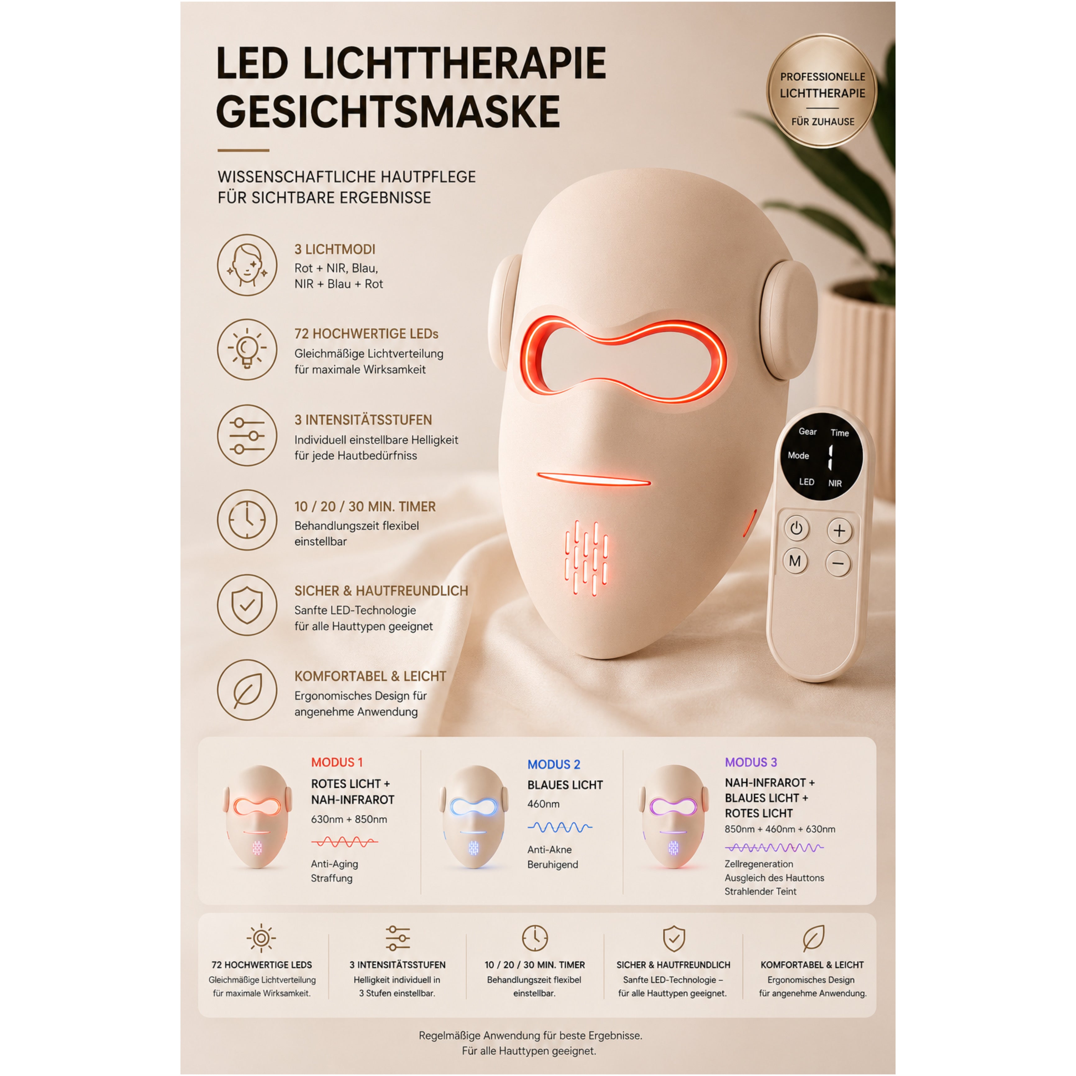LED-Gesichtsmaske LUMIVANCE 3 Lichtmodi, 72 LEDs, Kabellose Fernbedienung & Bedienfeld - Lalano’S Cosmetics