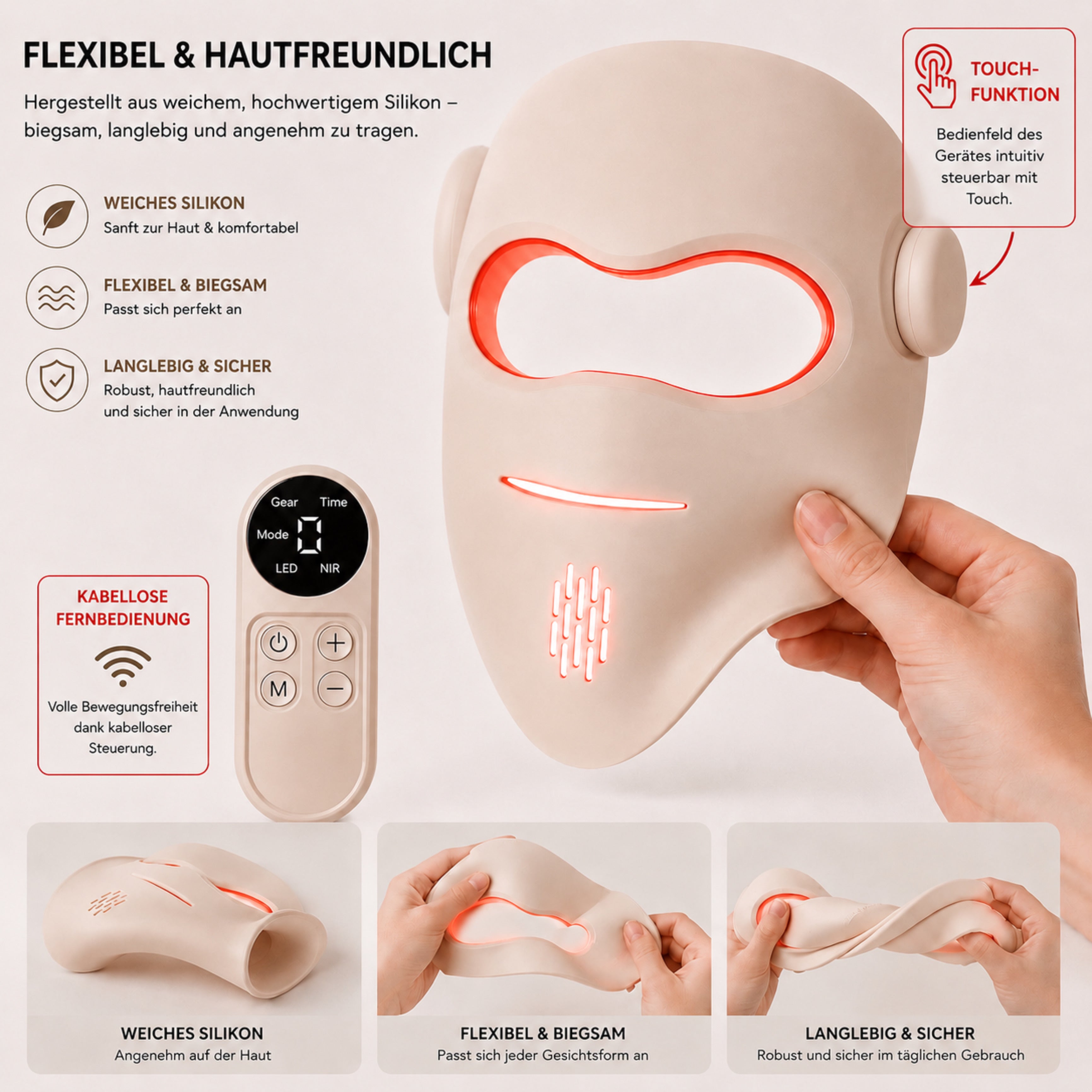 LED-Gesichtsmaske LUMIVANCE 3 Lichtmodi, 72 LEDs, Kabellose Fernbedienung & Bedienfeld - Lalano’S Cosmetics 