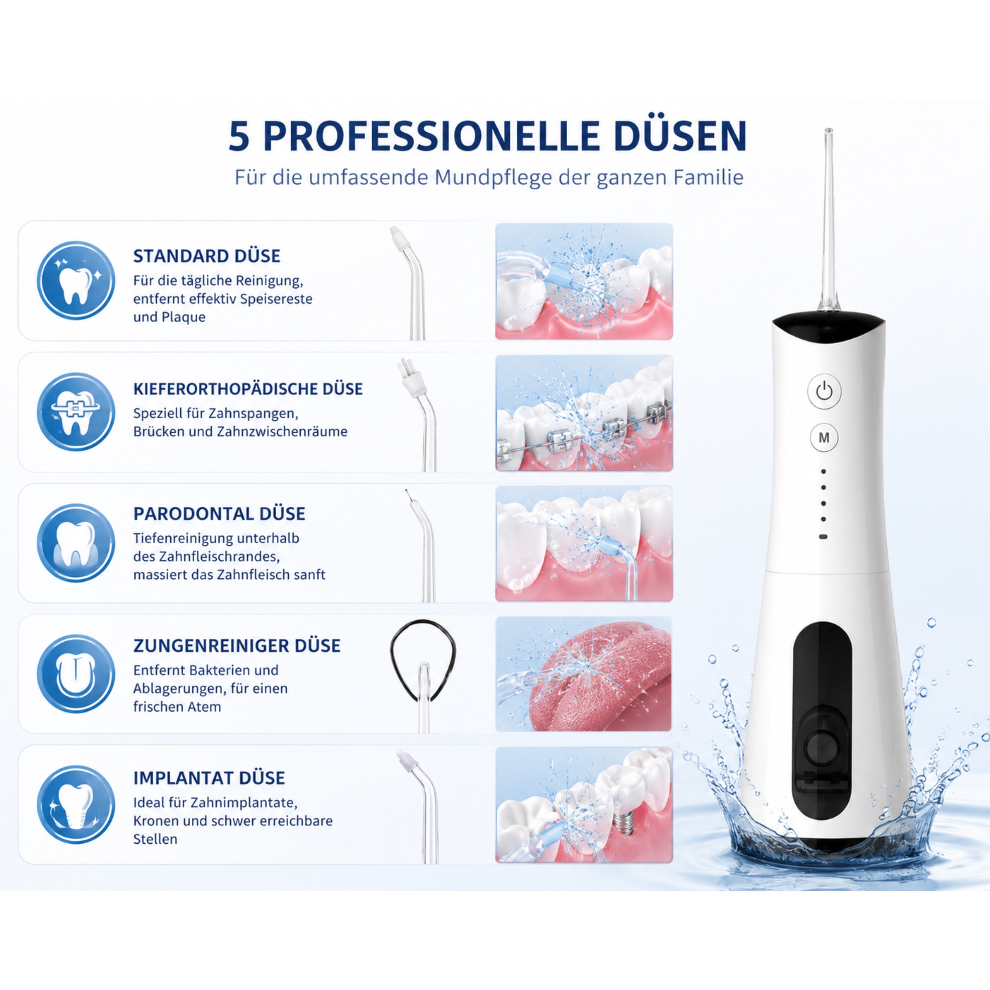 Munddusche AquaPulse Pro Kabelloser Premium Water Flosser mit 4 Modi & 5 Düsen - Lalano’S Cosmetics 