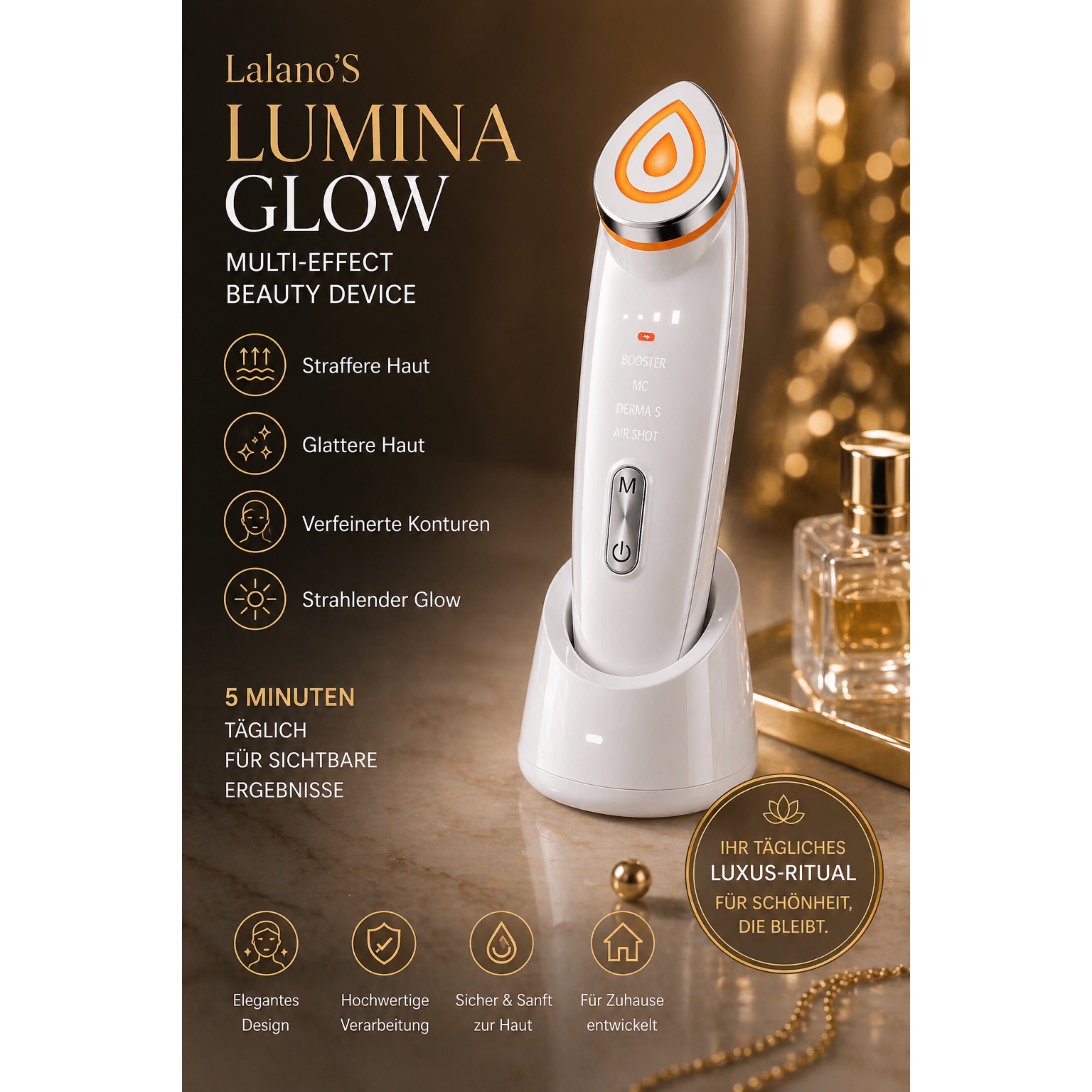 Gesichtsmassagegerät Lumina Glow 6-in-1 mit 4 Modi & 6 Technologien für straffere Haut - Lalano’S Cosmetics 