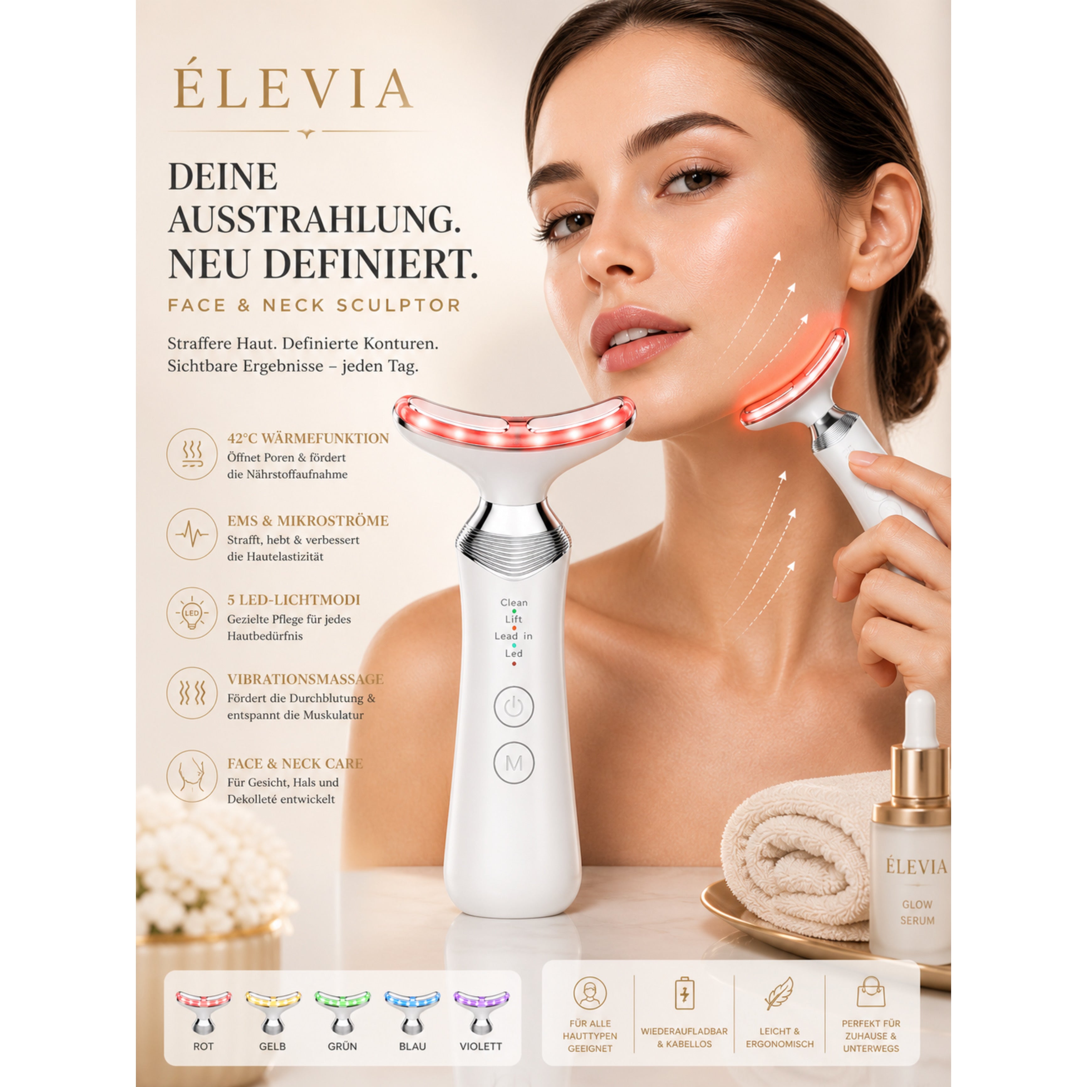 Gesichtsmassagegerät ÉLEVIA Face & Neck Sculptor mit EMS, Wärmefunktion & Vibrationsmassage - Lalano’S Cosmetics 