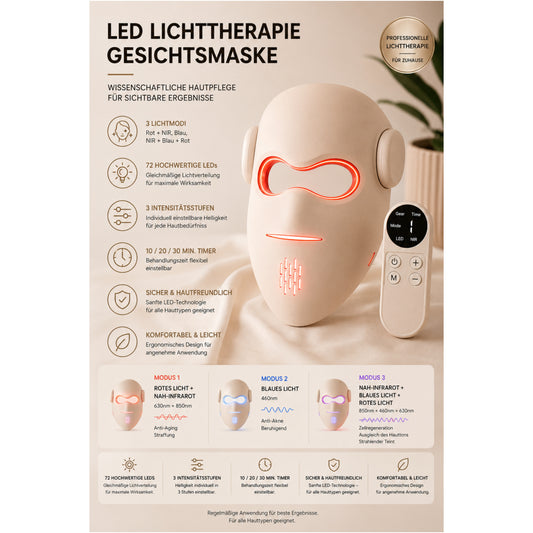 LED-Gesichtsmaske LUMIVANCE 3 Lichtmodi, 72 LEDs, Kabellose Fernbedienung & Bedienfeld - Lalano’S Cosmetics 