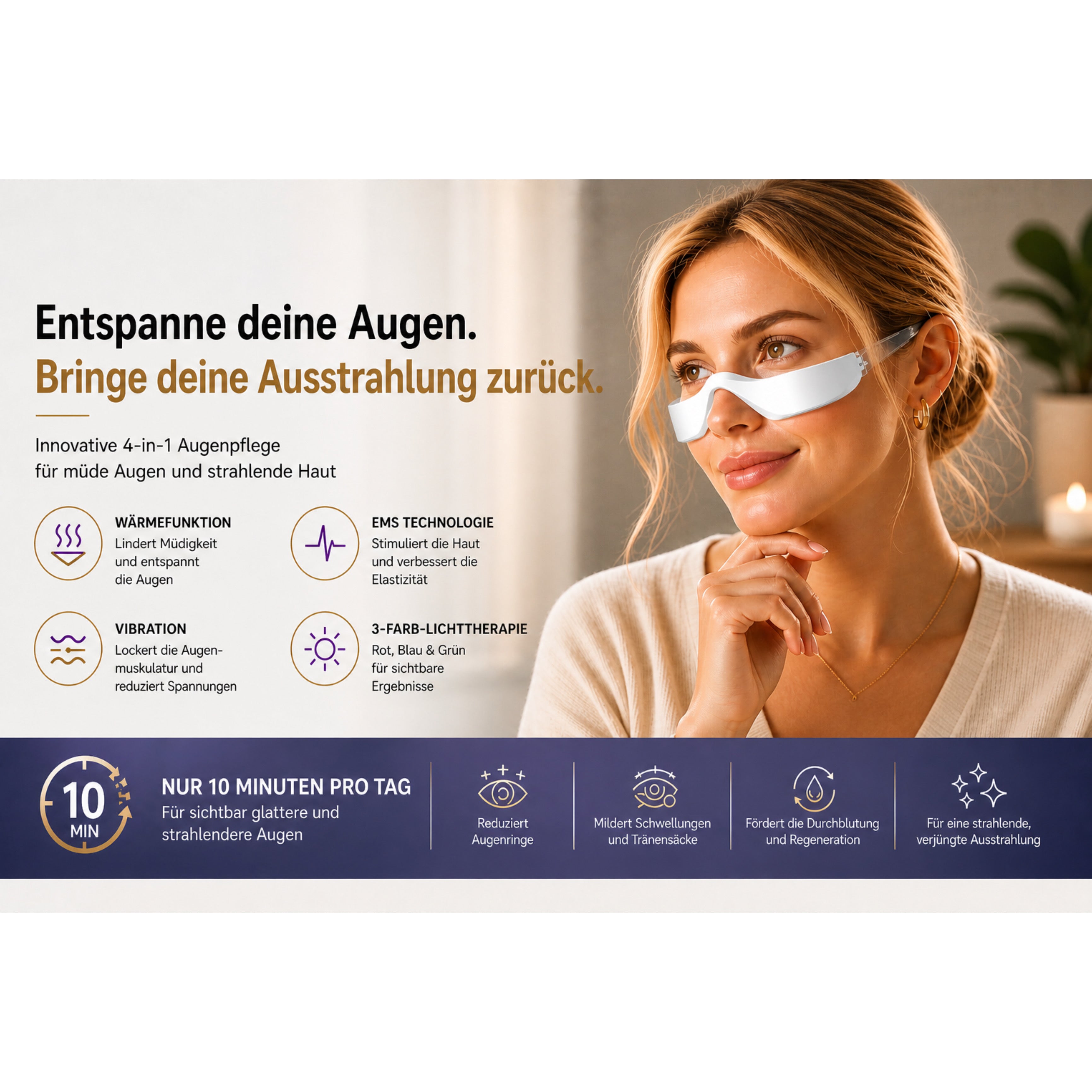 Massagegerät Lumiveo LED Augenmassage Brille mit 3 Lichtmodi, EMS & Vibration - Lalano’S Cosmetics 