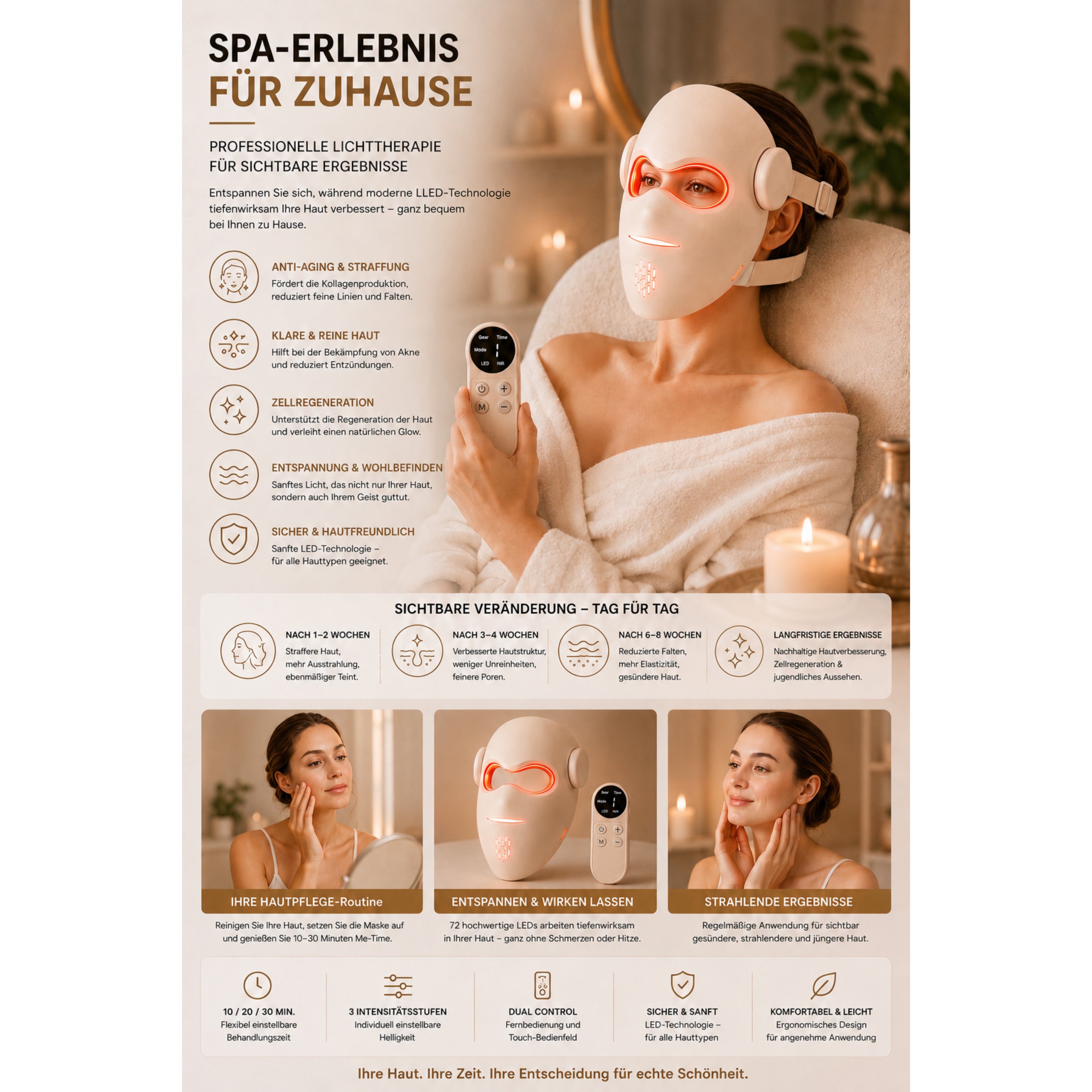 LED-Gesichtsmaske LUMIVANCE 3 Lichtmodi, 72 LEDs, Kabellose Fernbedienung & Bedienfeld - Lalano’S Cosmetics 
