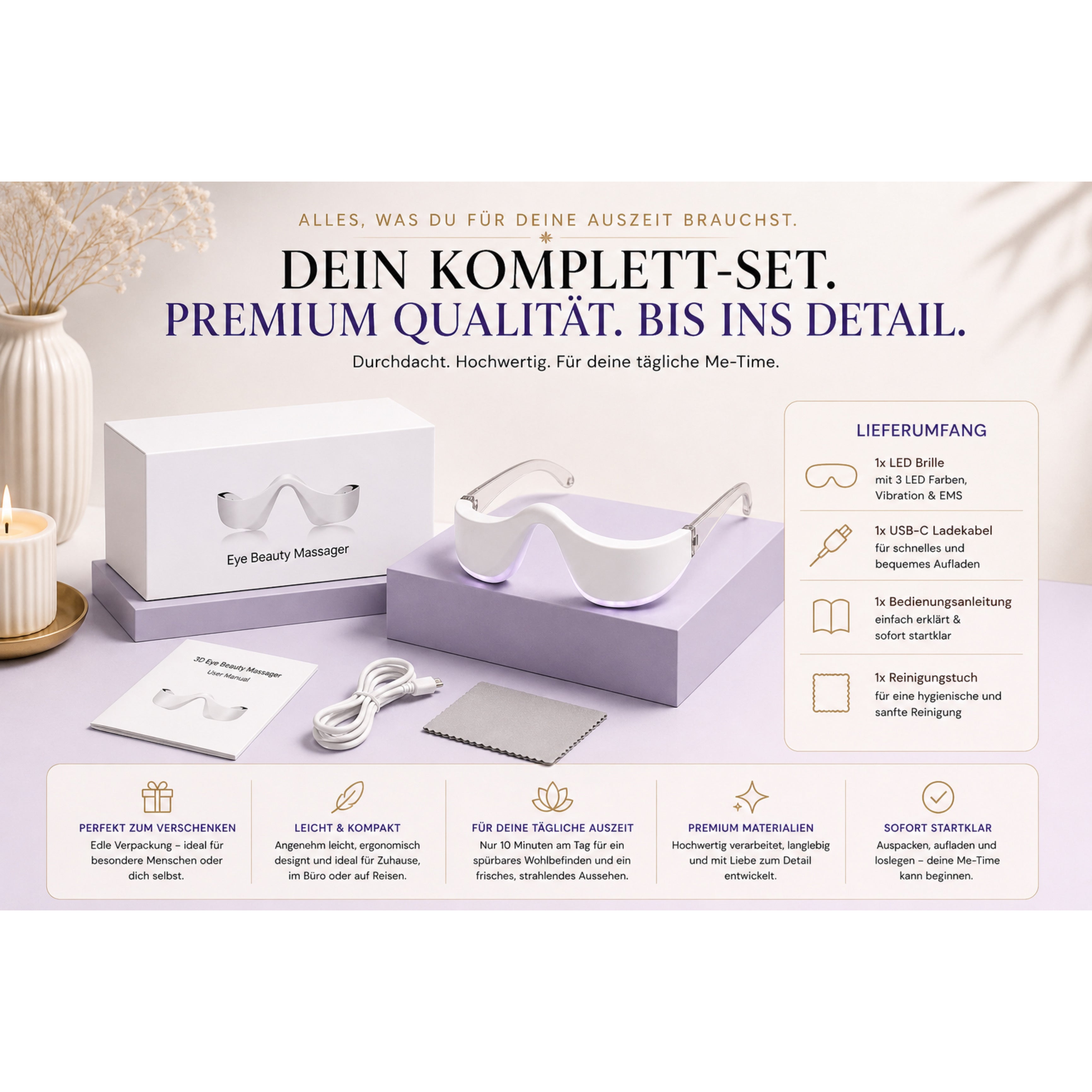 Massagegerät Lumiveo LED Augenmassage Brille mit 3 Lichtmodi, EMS & Vibration - Lalano’S Cosmetics 