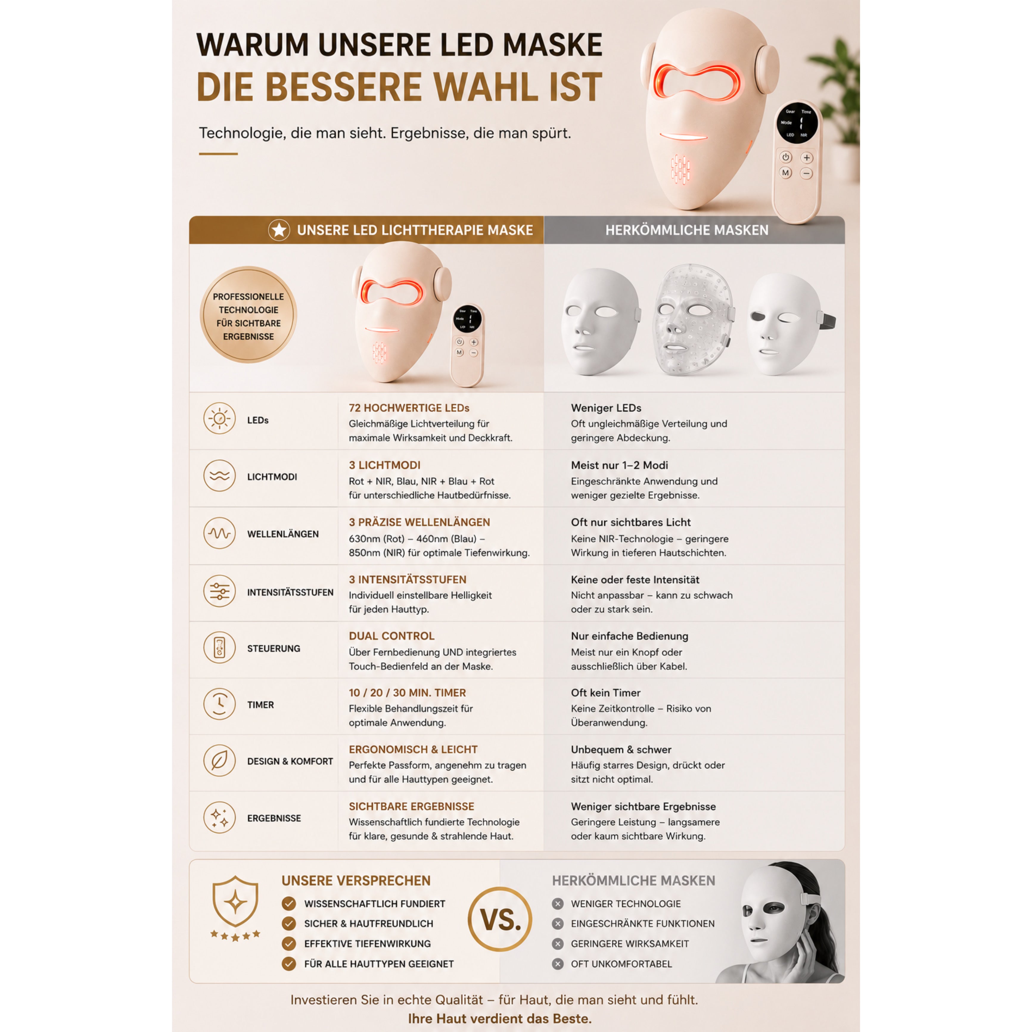 LED-Gesichtsmaske LUMIVANCE 3 Lichtmodi, 72 LEDs, Kabellose Fernbedienung & Bedienfeld - Lalano’S Cosmetics 
